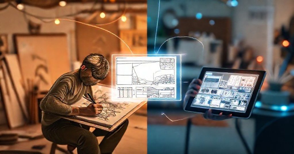 keyword-rich alt text for image 1 with AI image generator vs traditional methods for creating storyboards