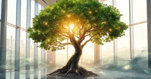 Biophilic art piece featuring a lush forest with AI image generator for biophilic art